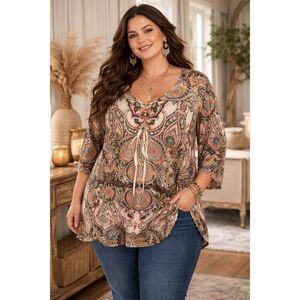 One World Boho Paisley Tunic Flowy Peasant Festival Chic Blouse Top Plus Size 2X